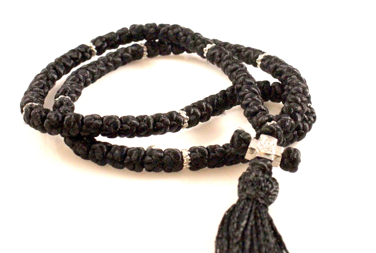 Orthodox Prayer Rope Black Color with 100 Knots and Wooden Beads –